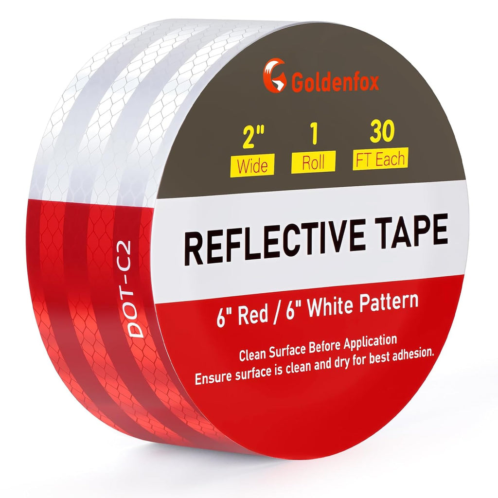 Golden Fox DOT-C2 Reflective Tape 2 Inch x 30 Feet - Red White Waterproof High-Visibility Safety Tape with Strong Adhesive for Trailers, Vehicles, Boats, and Outdoor Signs