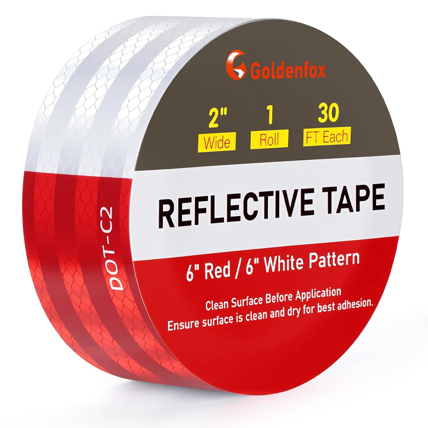 Golden Fox DOT-C2 Reflective Tape 2 Inch x 30 Feet - Red White Waterproof High-Visibility Safety Tape with Strong Adhesive for Trailers, Vehicles, Boats, and Outdoor Signs