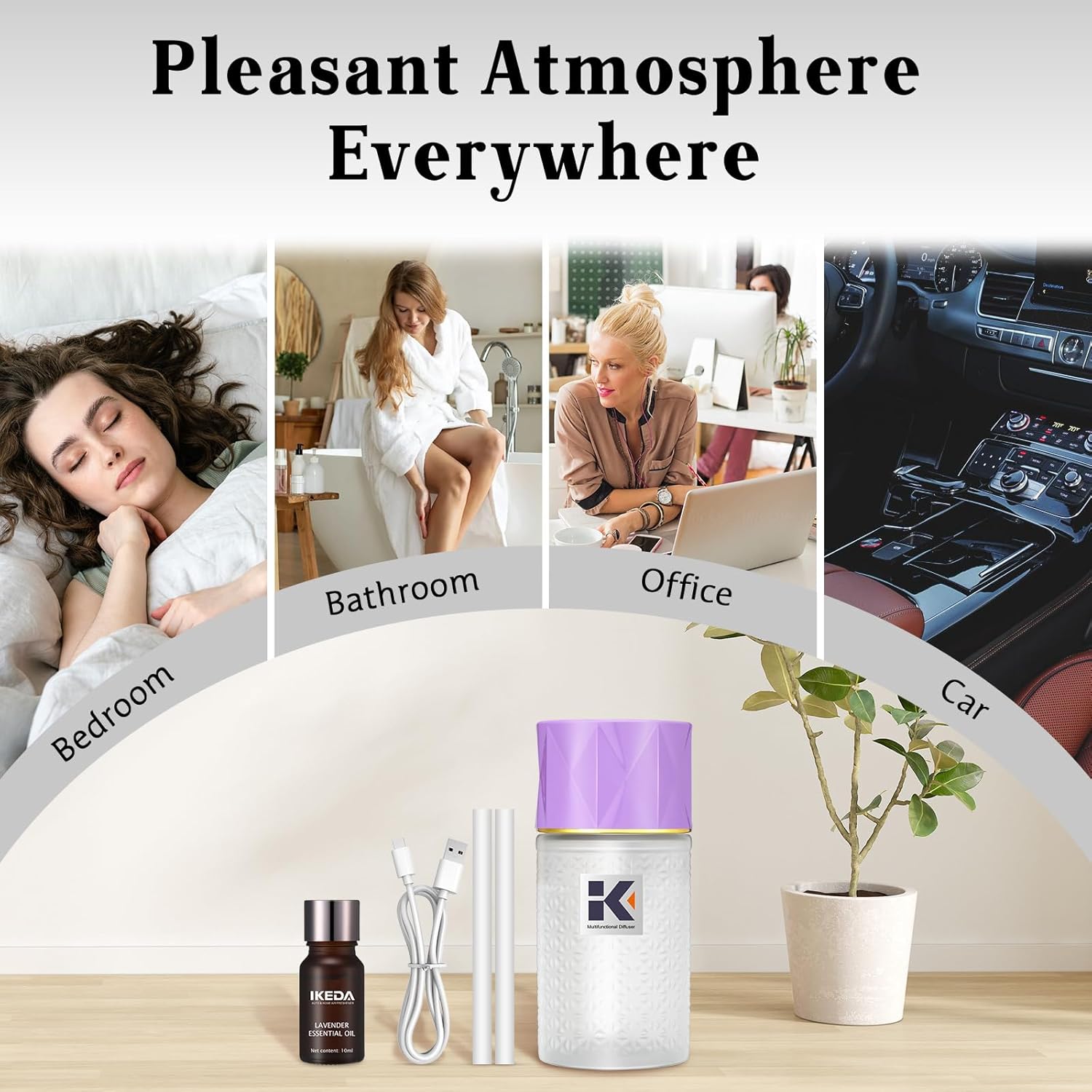 Ikeda Wireless Essential Oil Diffuser, Mini Negative Ion Mist Humidifier with Night Light & Auto Shut-Off, 250mL Lavender Scent for Room, Home, Car&Office