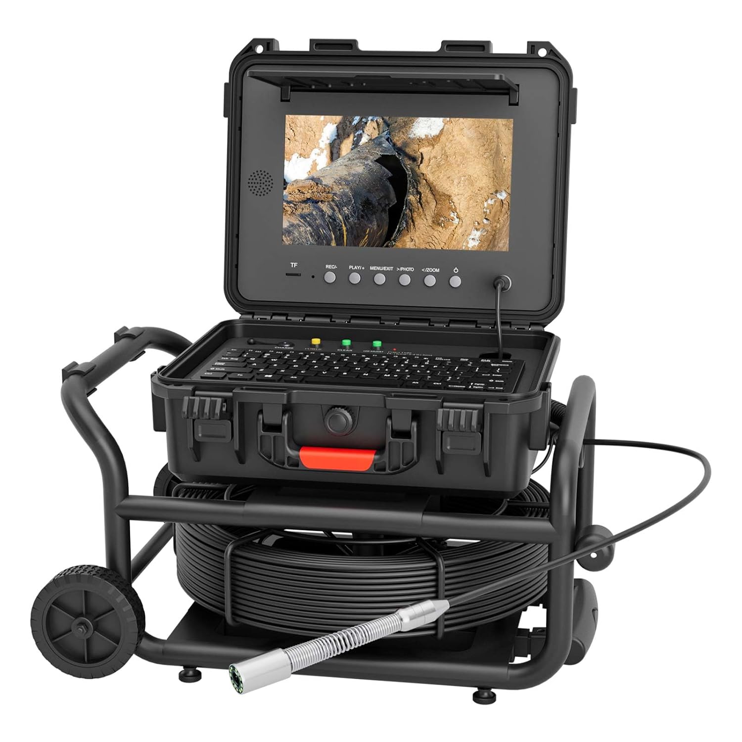 Sanyipace Self-Leveling Sewer Camera 165FT/50M with Wheels and Retractable Handle, Drain Camera with 512Hz Probe, Meter Counter, Video & Audio Record Speaker, Keyboard Input, 5X Zoom, 10" HD Screen