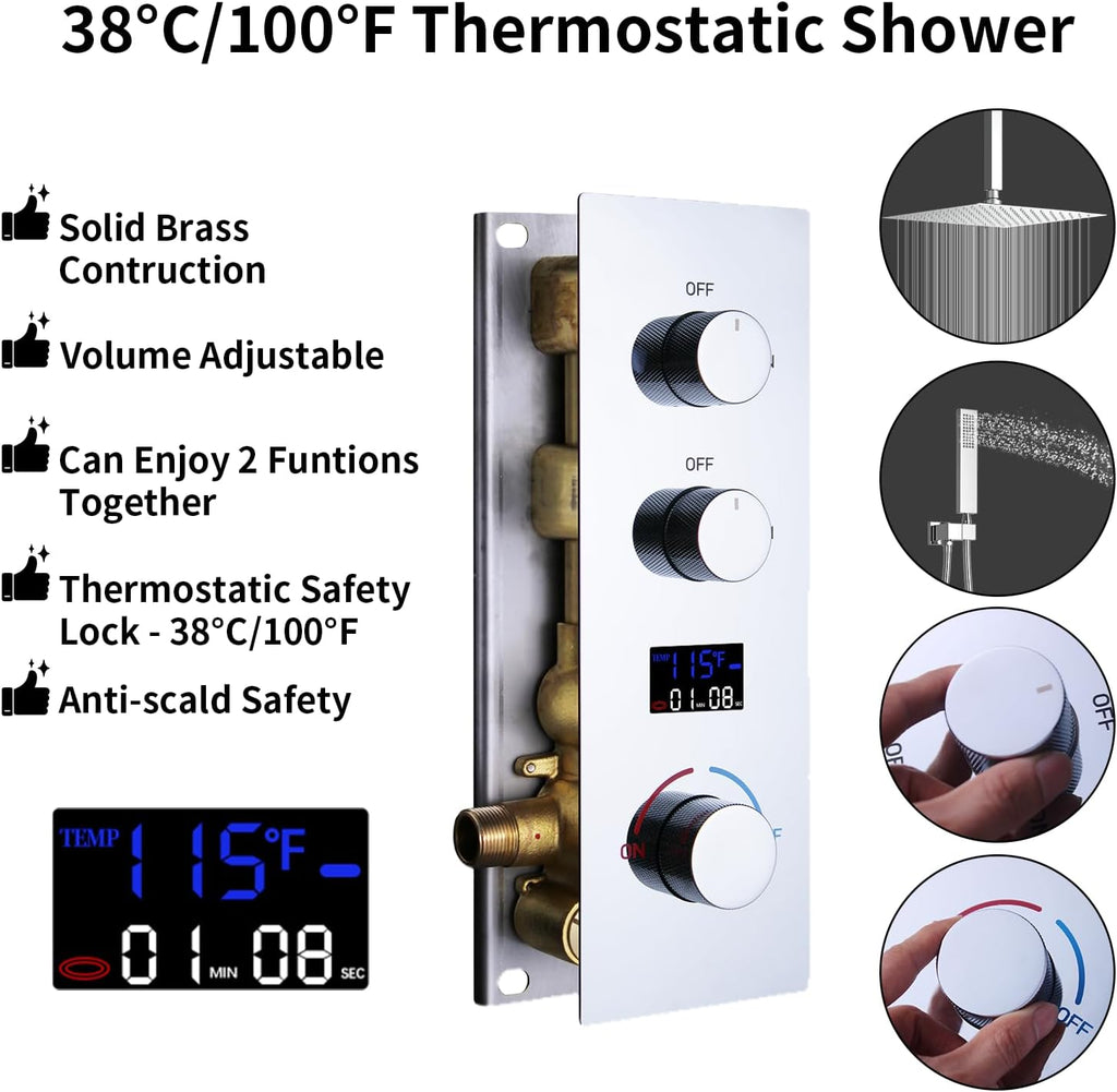 HONGTONGSOWER 2 Way Shower Diverter Valve Brass 2 Functions Digital Temperature Display Thermostatic Shower Mixing Valve Kit 3 Handle Flow Cotrol Valve, Can Run Simultaneously Chrome