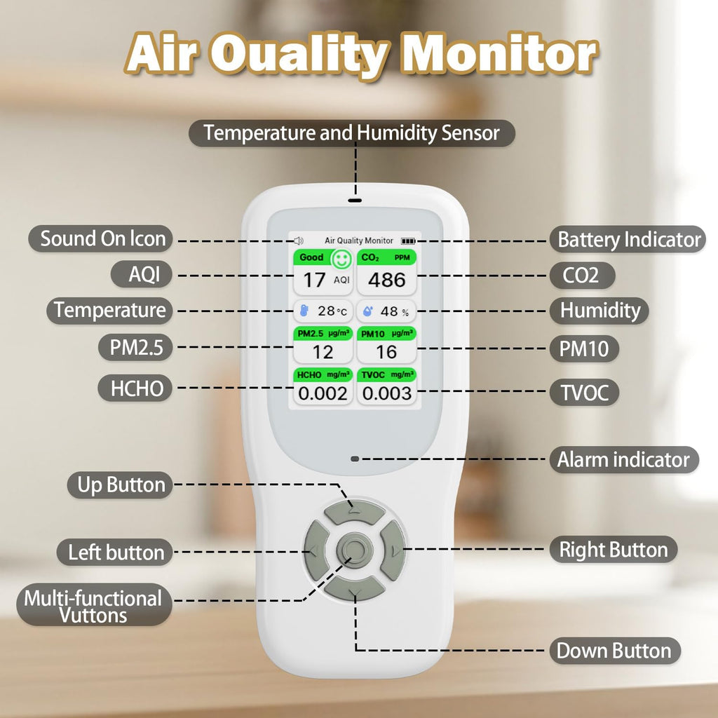 11-in-1 Air Quality Monitor - Portable Indoor Air Quality Detector with Stand, Real-Time Test for AQI, CO2, PM2.5, PM1.0, PM10, TVOC, HCHO, Particles, Humidity & Temperature