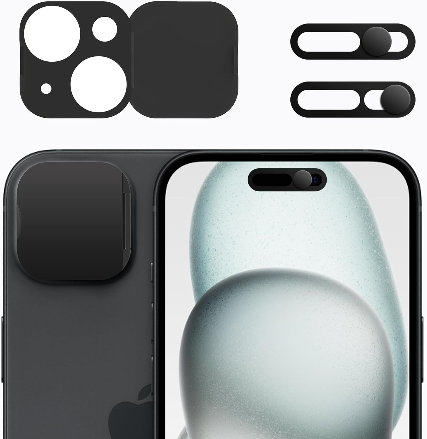 3 Pack Privacy Cover Compatible for iPhone 15/iPhone 15 Plus with 2 Front Camera Privacy Cover, Anti-Spy Camera Cover, Easy-Adhesive Design, Safeguard on iPhone 15/15 Plus.Black