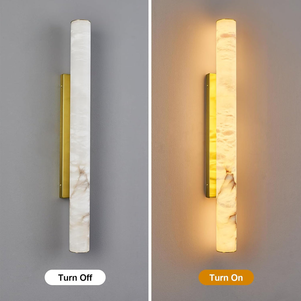LMQNINE Natural Alabaster Wall Sconces Set of Two Spanish Marble Wall Light Cylinder Modern Gold LED Sconce for Living Room Bedroom Bathroo Stairs（L-2Pack）
