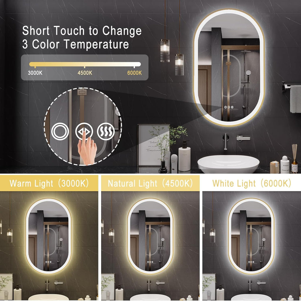 LED Mirror for Bathroom, 24x40 Inch Vanity Mirror with Lights，Anti-Fog Oval Bathroom Mirror, 3 Colors and Stepless Dimmable Wall Mounted Makeup Mirror with Metal Frame