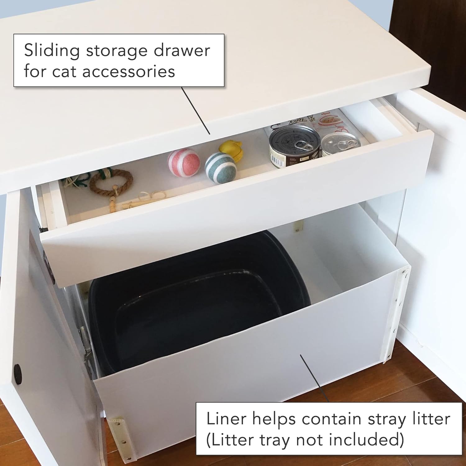 THE REFINED FELINE Cat Litter Box Enclosure Cabinet, Cottage, White, Round Feet, XLarge, Hidden Litter Cat Furniture with Drawer