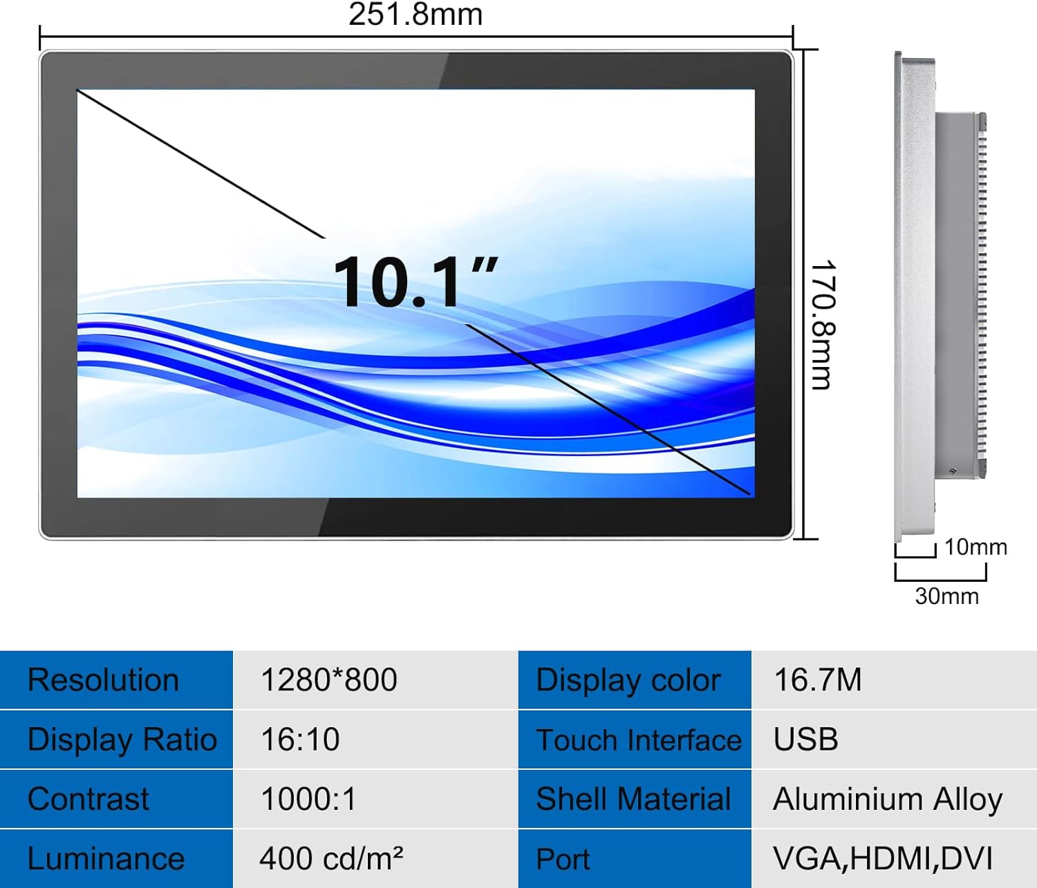 GreenTouch 10.1 Inch Industrial Embedded Interactive Touchscreen Monitor, Capacitive Multi-Touch Screen Display with Front IP65 Water-Proof - 1280 x 800 Resolution
