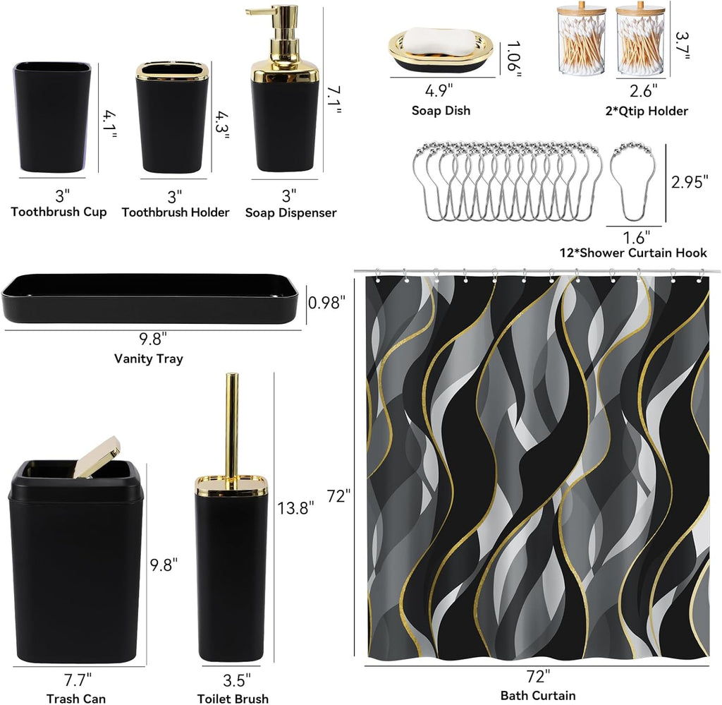 Black Bathroom Set, Bathroom Sets with Stripe Shower Curtain, Black and Gold Bathroom Accessories with Trash Can, Soap Dispenser, Soap Dish, Toilet Brush Holder, Qtip Holders for Bathroom