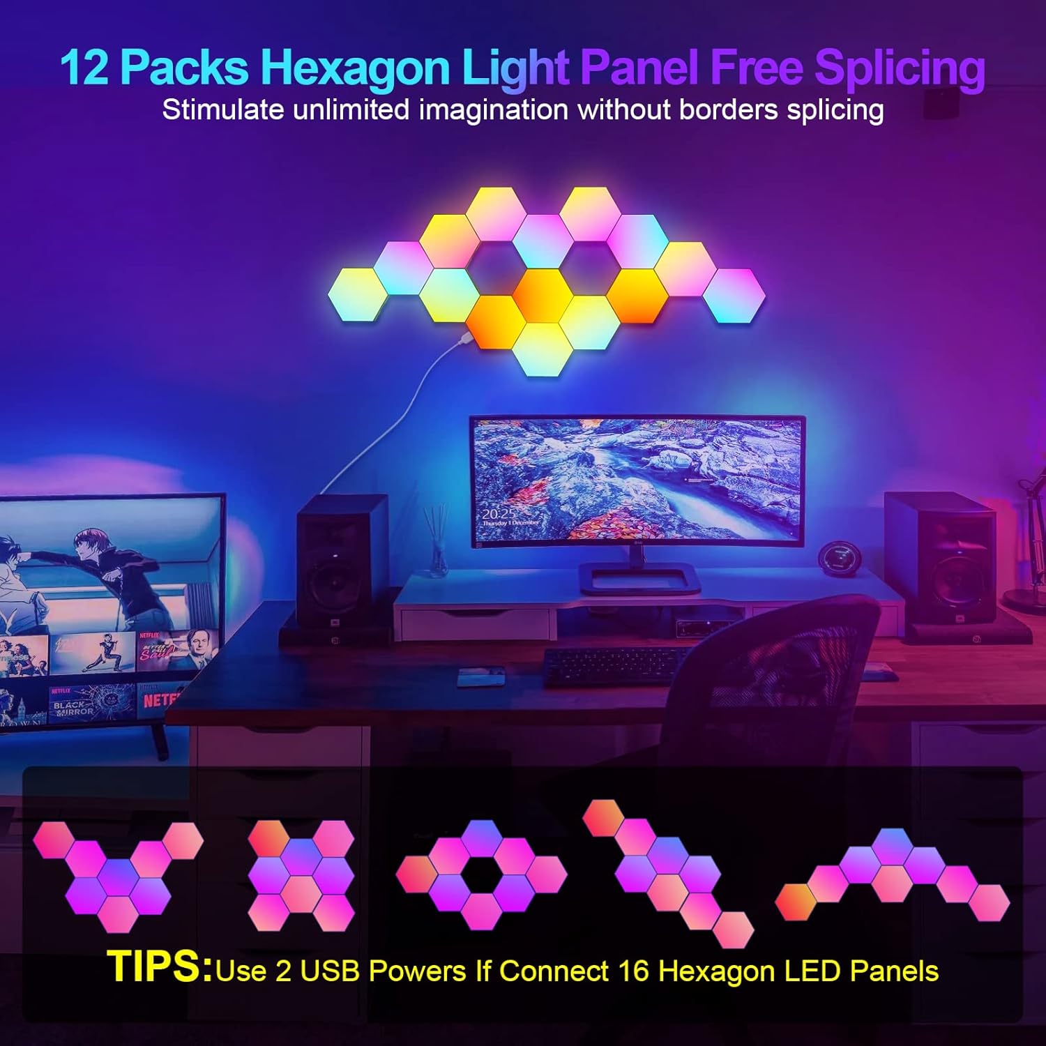 12-Pack Hexagon Light Panels – Smart RGB LED Wall Lights with App & Remote – Music Sync Gaming Lights for Room Decor, Birthday & Party Gifts for Boys, Teens, Men, Boyfriends, and Kids