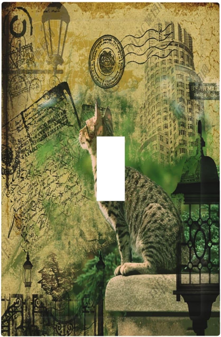 Decorative Light Switch Cover Plate Vintage Style Cat City Stamp 1 Gang Single Toggle Wall Plate Electrical Outlet Covers Decorate Switch Plate Cover for Bedroom Home Decor