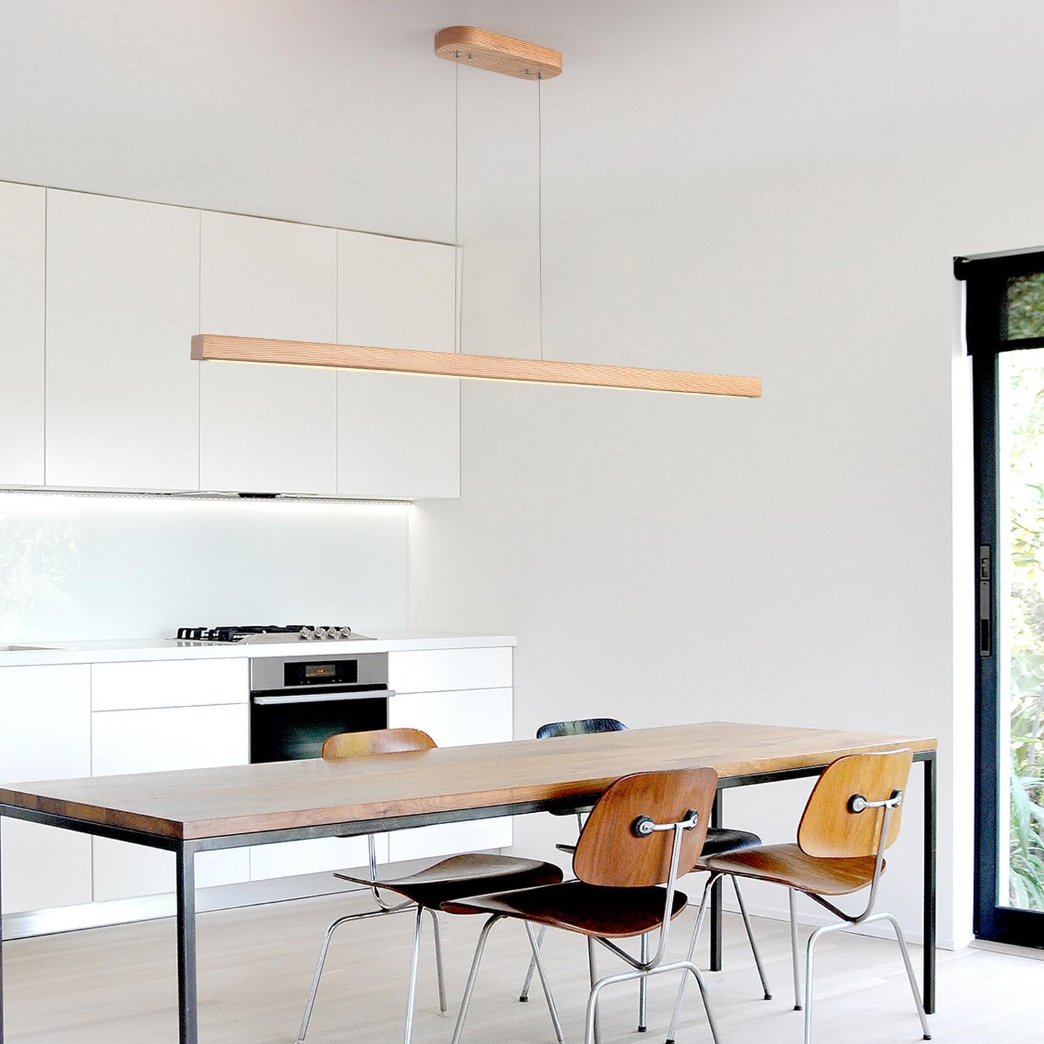 59" Wood Linear Pendant Light Fixtures Led Dining Room Chandelier Linear Kitchen Island Hanging Lights Dimmable Modern Pendant Light for Dining Room Kitchen Island Pool Table Lights Natural