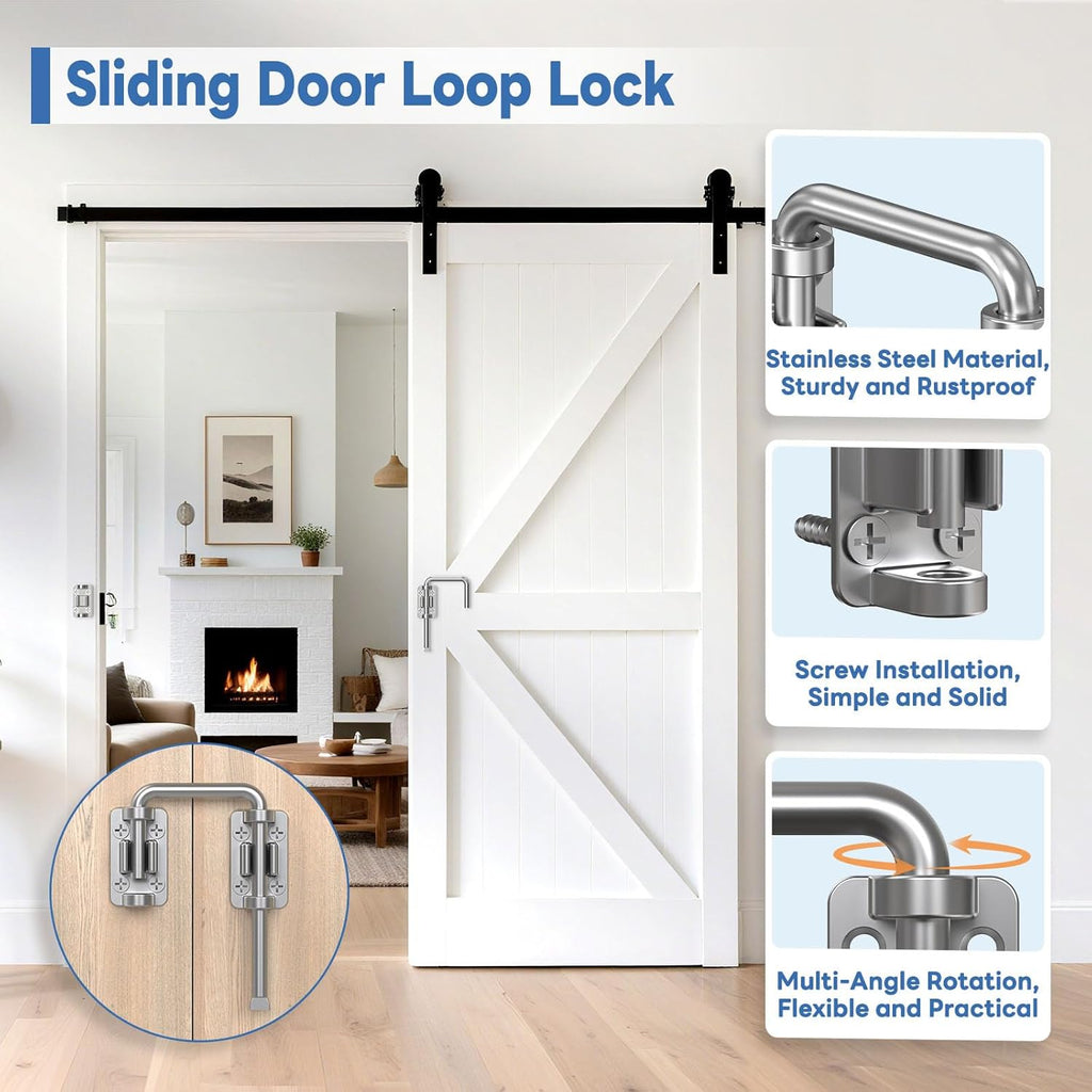 Sliding Door Loop Lock, 90/180 Degree Stainless Steel Patio Door Latch for Sliding Barn/Single/Double Opening Gate, Shed, Closet, Window, Fence - Home Security Loop Latch (Silver-1PC)