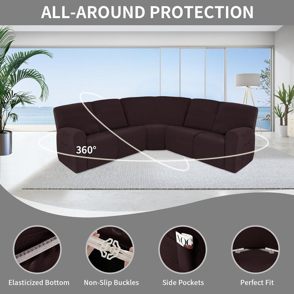 Easy-Going 100% Waterproof Recliner Cover, Stretch Couch Covers for Reclining Couches, Extra Large Sectional Sofa Slipcover, L-Shape Furniture Protector for Kids & Pets, 5 Seater, Chocolate