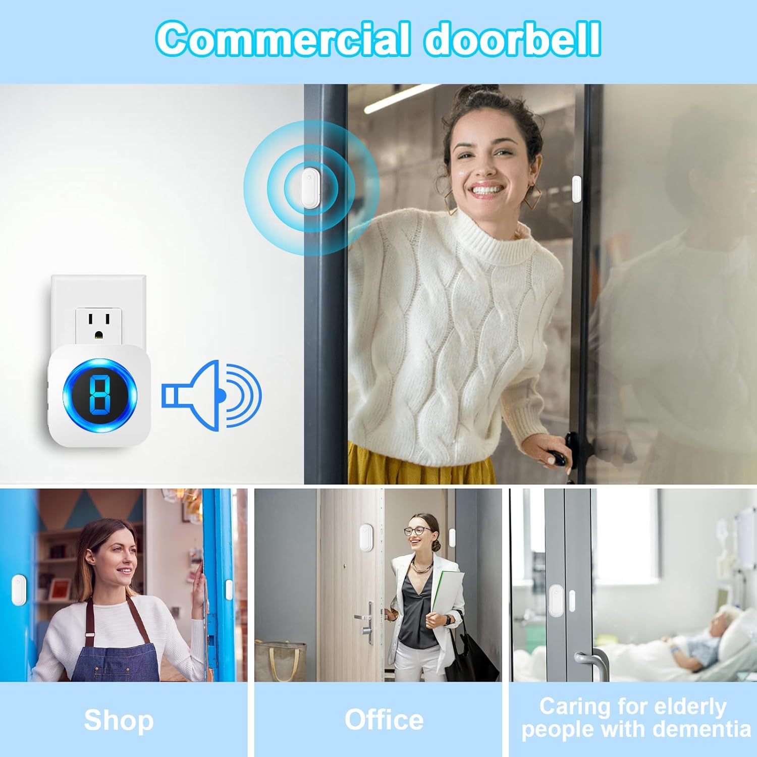SURFOU Doorbell Chime with 4 Sensors 1 Receiver, When Door Opens,Door Sensor Chime,Alarms for Business/Home,Digital Doorbell Chime,55 Chimes 5 Volumes,1000FT/300M,IP55 Waterproof