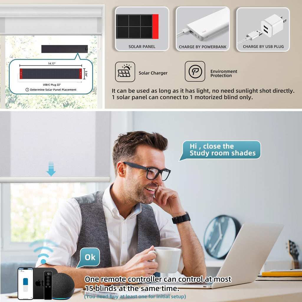 SmartWings Motorized Light Filtering Shades, 70% Blackout, Custom Size, Rechargeable Battery, Works with Matter/Apple HomeKit, Alexa, Thread/Zigbee, Remote Optional, 70% Essential White