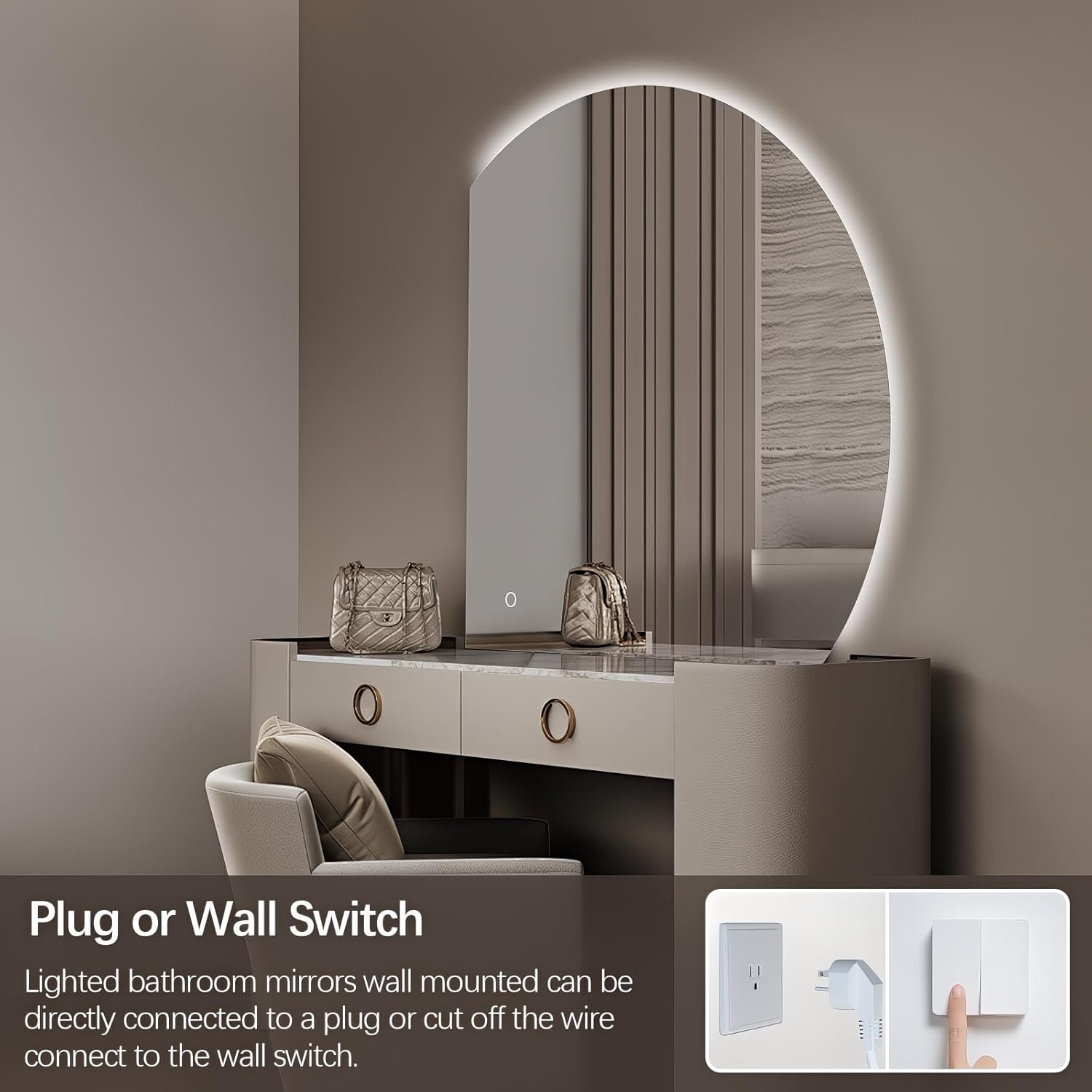 Niccy Half Moon LED Mirror for Bathroom, 28" Semi Backlit Frameless Makeup Mirror with Light, Anti-Fog, Shatter-Proof, 3 Colors, Smart Vanity Mirror