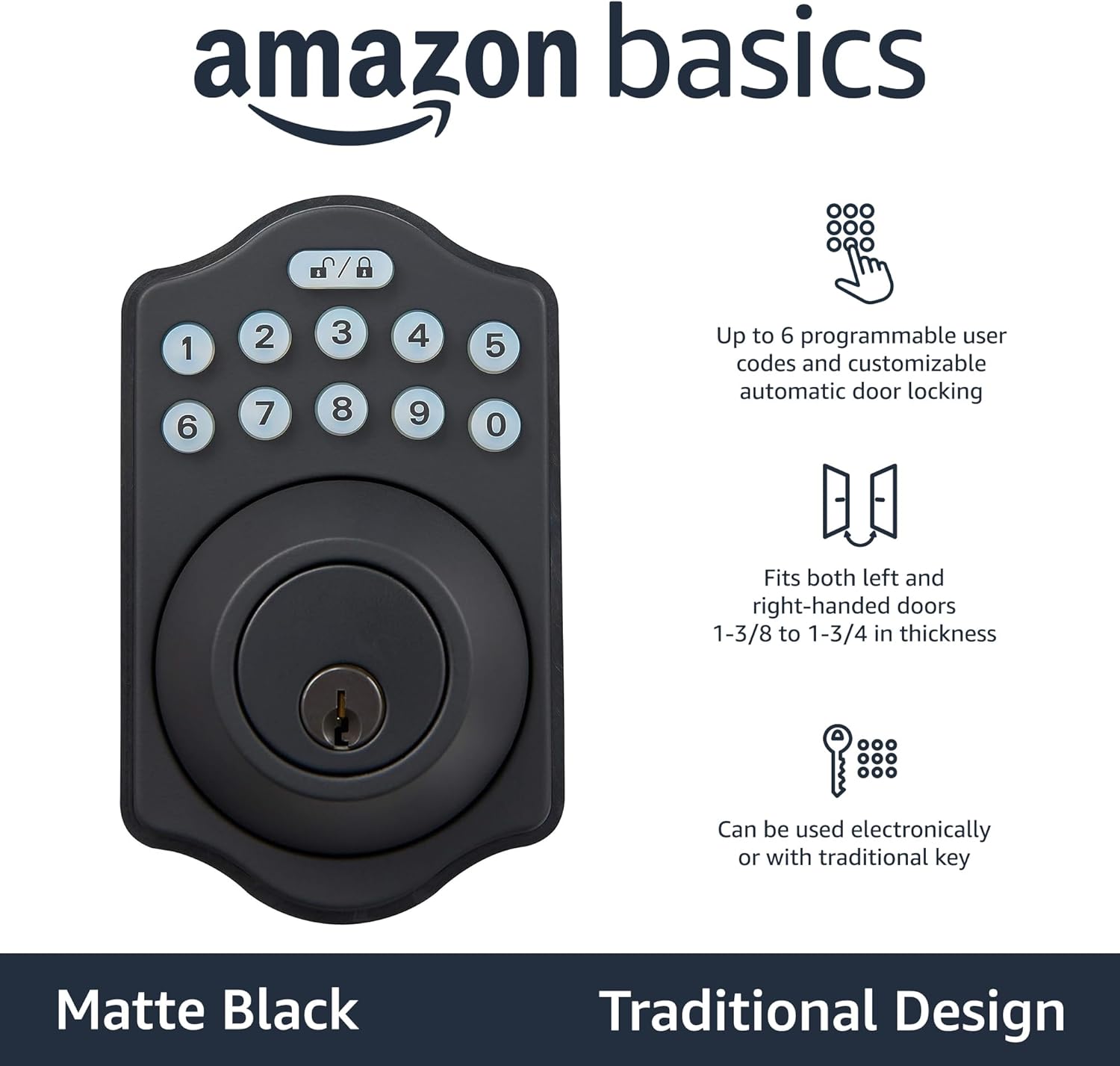 Amazon Basics Keyless Entry Door Lock Deadbolt - Traditional Electronic Keypad (Pack of 6) Matte Black with Key Option