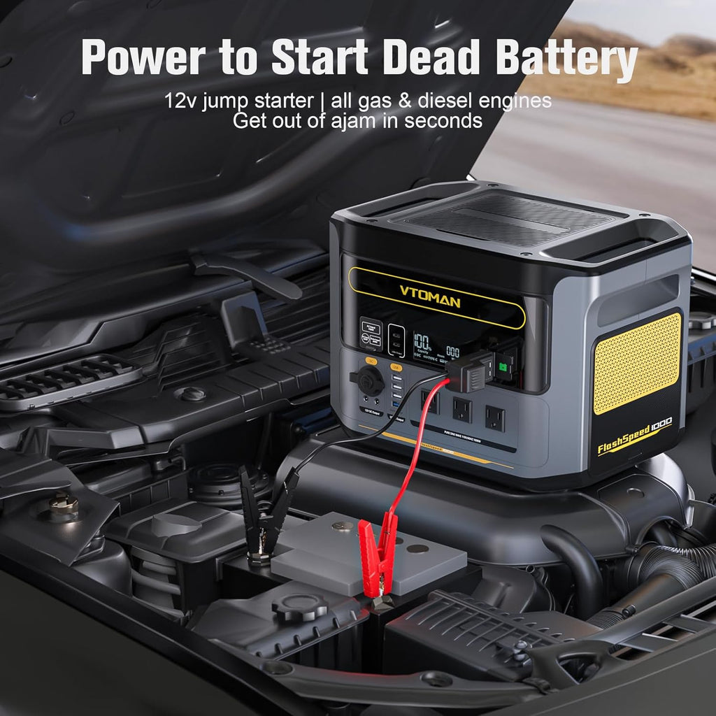 VTOMAN FlashSpeed 1000 Portable Power Station with Jumper Cables, 828Wh LiFePO4 Solar Generator & Car Jump Starter, 1H Fast Charging, 2000W Peak for Home Backup, Camping, Roadside Emergencies