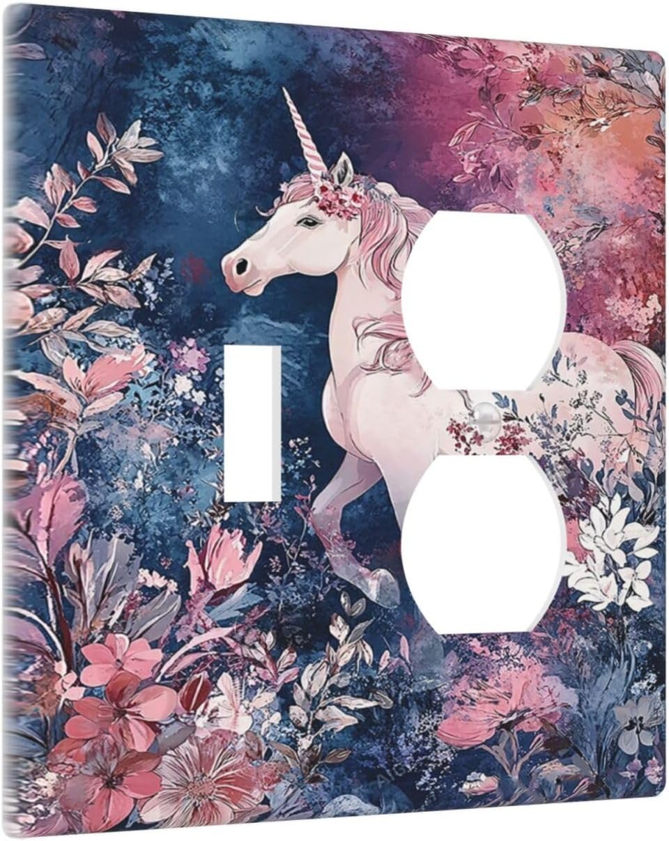 Outlet Covers Fantastic Pink Unicorn Wildflower Forest 1 Toggle 1 Duplex Switch Plate Covers Electrical Light Switch Cover Plate Decorative Wall Plate Socket Cover for Bedroom Kids room Decor