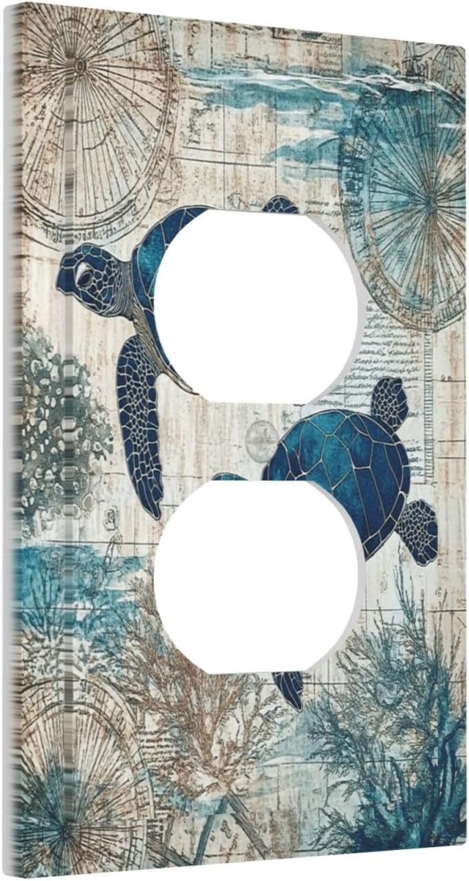 Blue Green Sea Turtle Tropical Ocean Coral Nautical Map Outlet Covers 1 Gang Duplex Light Switch Cover Decorative Switch Plates Electrical Receptacle Faceplate Wall Plate For Bed Room Bathroom Decor