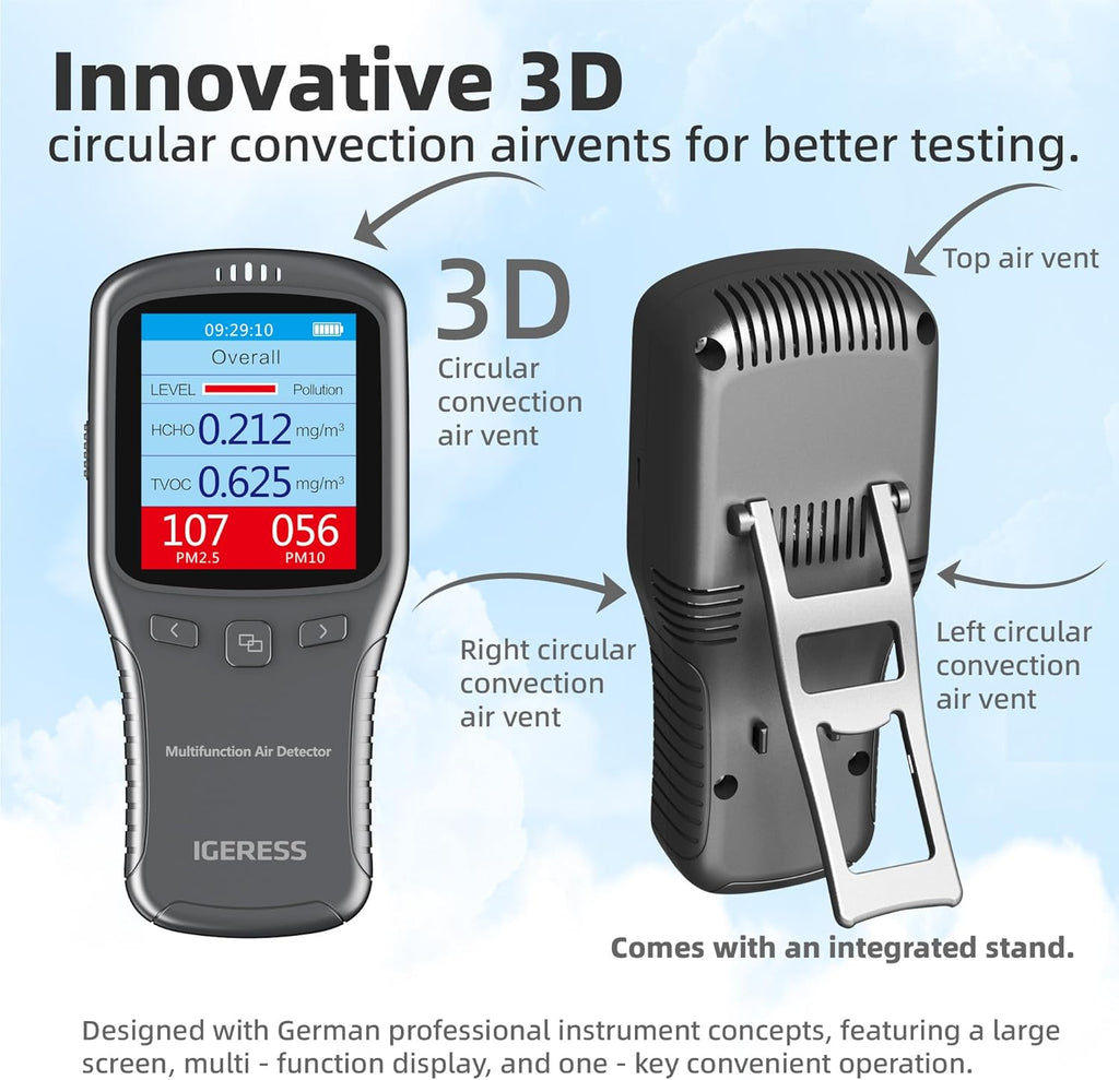 Air Quality Monitor Indoor, 5 in 1 Formaldehyde Detector, voc Meter, Detect Indoor HCHO,TVOC,AQI,PM2.5,PM10. Colorful LCD Screen & USB Charging