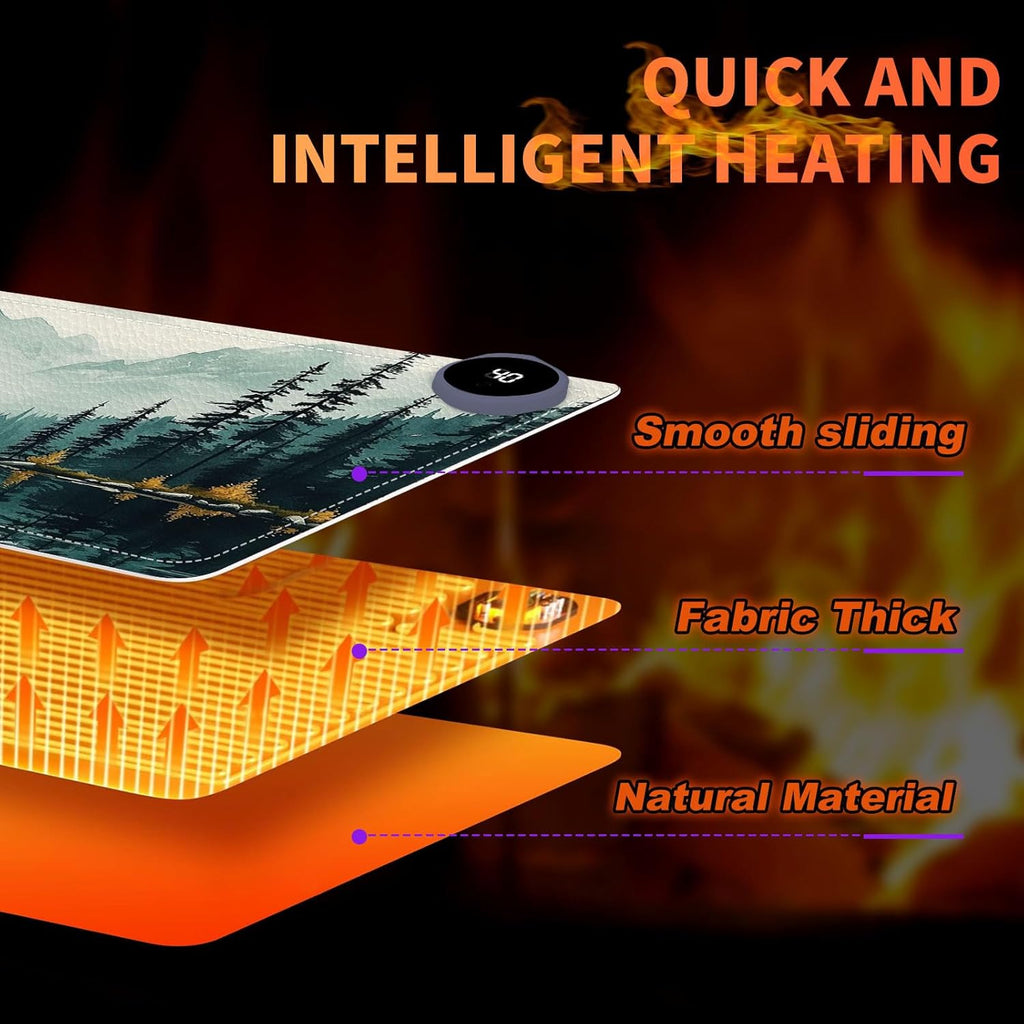 Heated Mouse Pad 23.6 x 14 in 3-Temp Fast Heating Desk Mat with Auto Timer Warmer for Hands Wrist Pain Relief Waterproof Keyboard Mat for Office, Gaming, Home, Forest Reflections