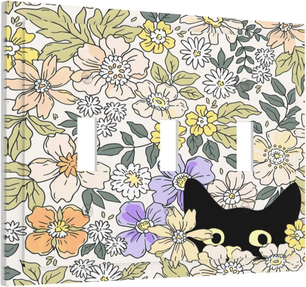 Decorative Light Switch Plate Covers Cute Black Cat in a Flower Patch Botanical Garden 3 Gang Artistic Wall Plate Unique Triple Toggle Light Switch Covers for Bedroom Home Decor