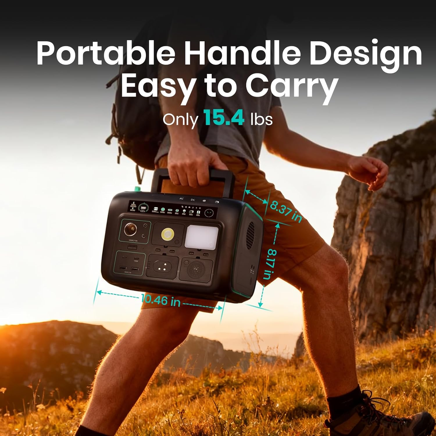 Portable Power Station, with Snap-on Light, Speaker & Charger, 800W Solar Generator, 512Wh Outdoor Power supply for Camping RV hiking, 100W USB-C Output, 3 AC Outlets