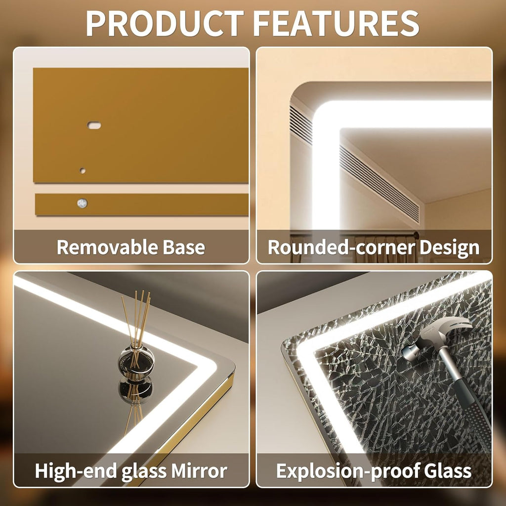 ROLOVE Vanity Mirror with Lights 23x18 Inch, Gold Lighted Makeup Mirror, 3 Color Modes, Smart Touch Dimming, Large Vanity Mirror for Desk, Bathroom, Wall
