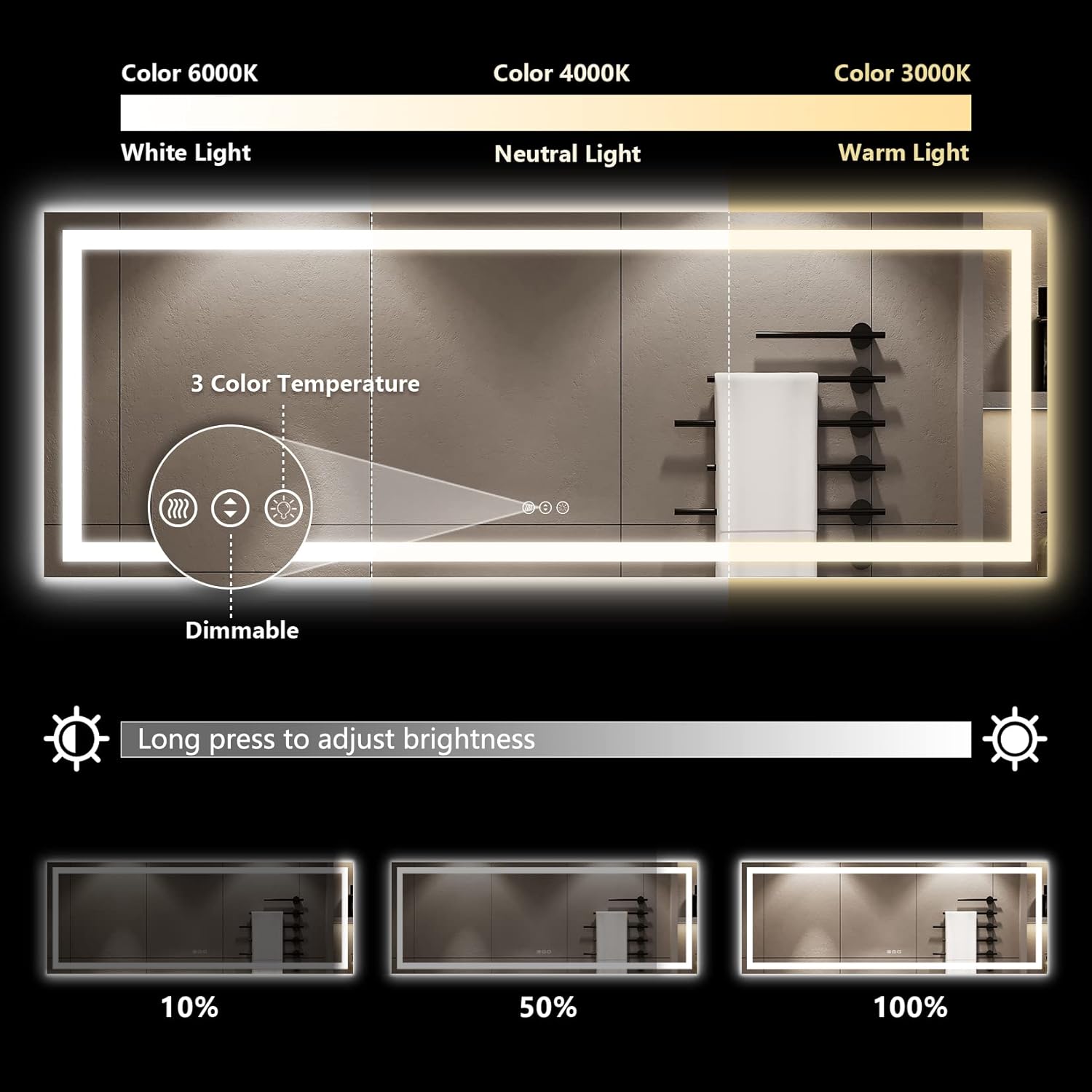 96x36 Inch LED Bathroom Mirror with Lights Front and Backlit Lighted Vanity Mirror for Bathroom Wall with 3 Colors Dimmable Anti-Fog Memory Shatter-Proof IP54 Waterproof Horizontal/Vertical