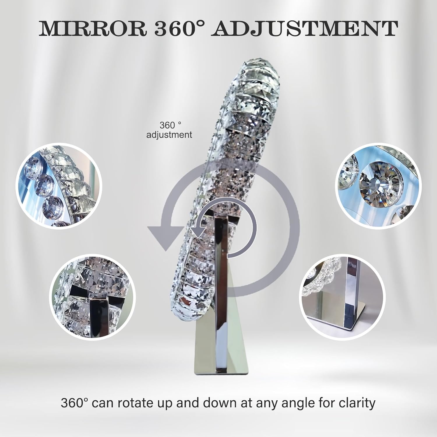Hollywood Crystal Vanity Mirror with Lights 3 Color Adjustable Brightness Light 360° Rotation Large Crystal Lighted Vanity Mirror for Tabletop Desk Crystals LED Makeup Mirror with Lights