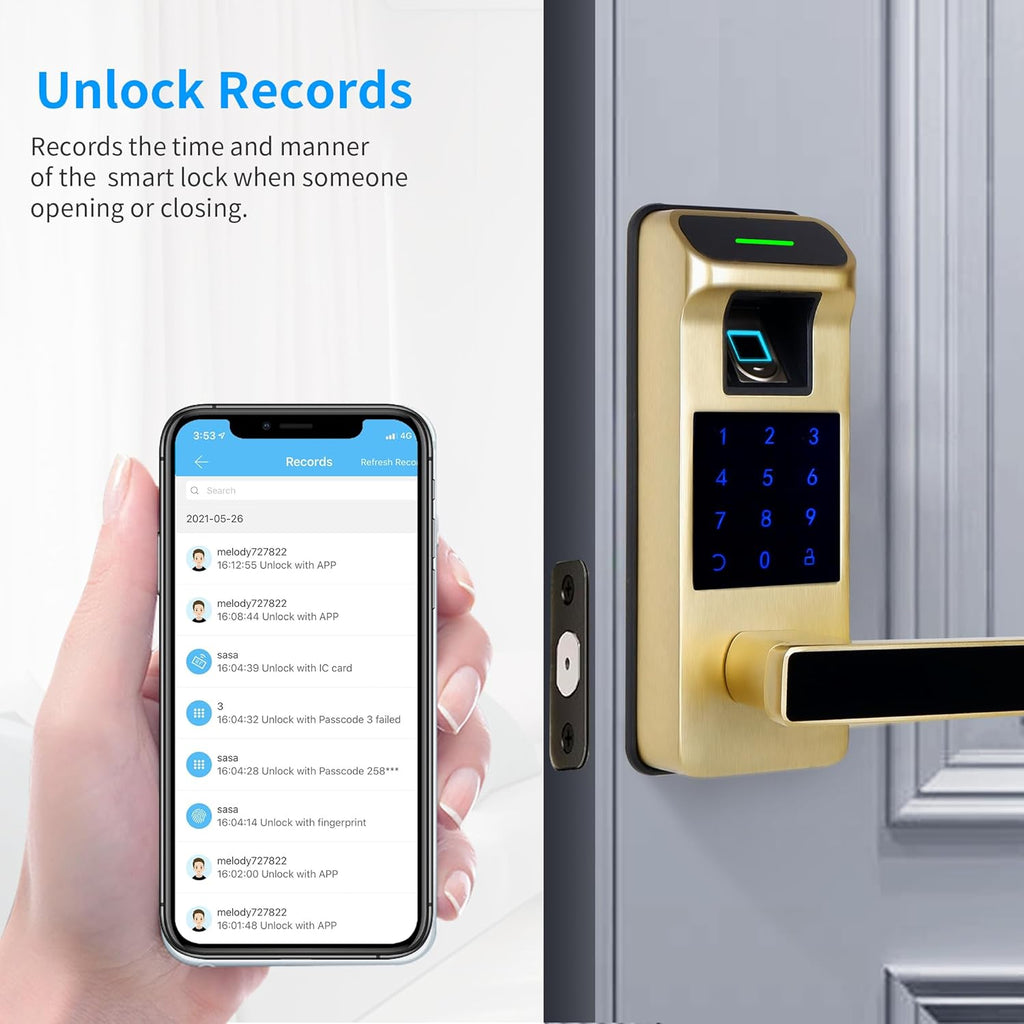 Harfo Fingerprint Door Lock, Heavy Duty Full APP Control Touchscreen Keypad Keyless Lock with Reversible Handle, Perfect for Home/Office/Bedroom Doors (Gold)
