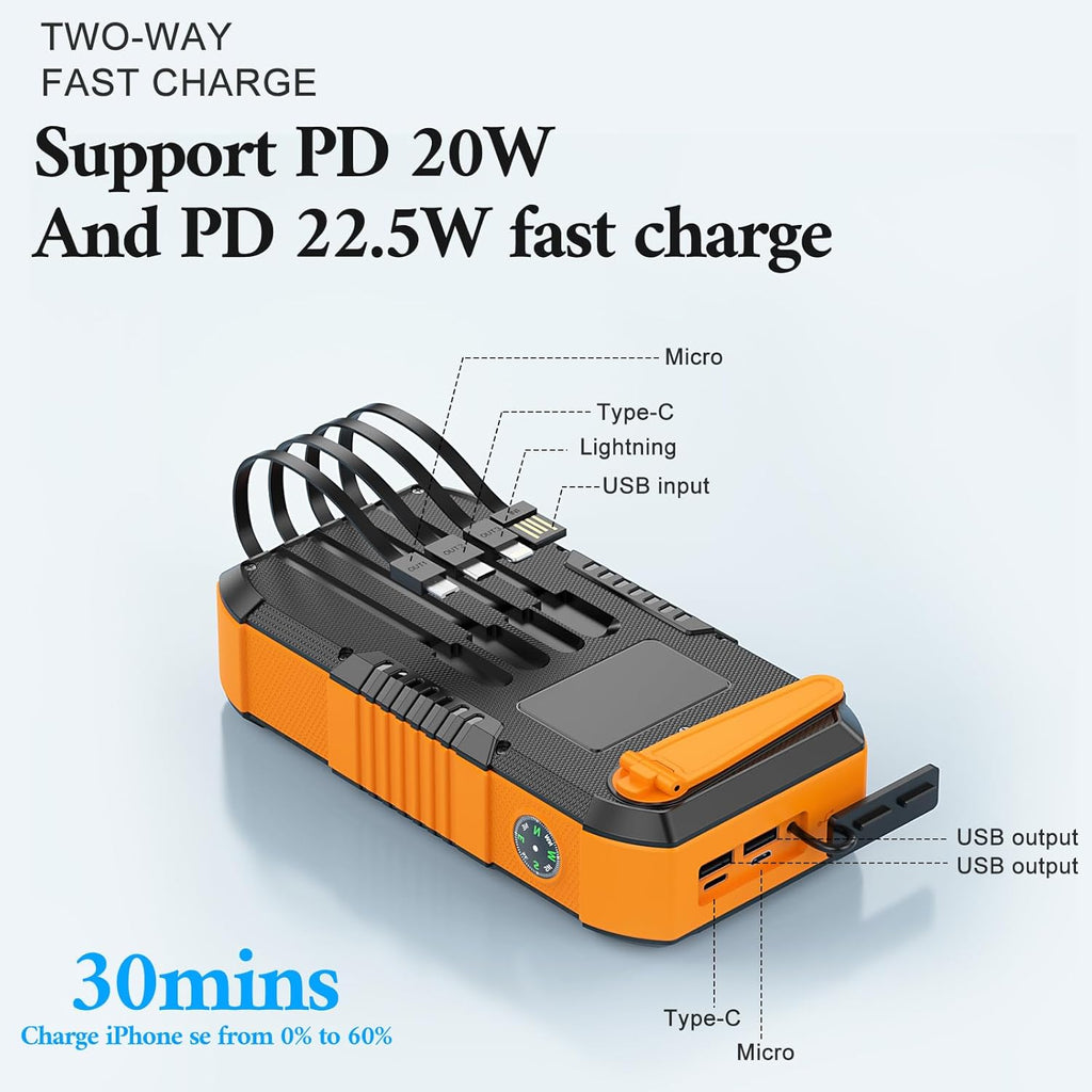 Solar Charger Power Bank 66800mAh Built in Hand Crank and 4 Cables, 22.5W Fast Charging PowerBank 6 Outputs & 4 Inputs, Portable Charger with Camping Flashlights & Compass for Outdoor (Orange)