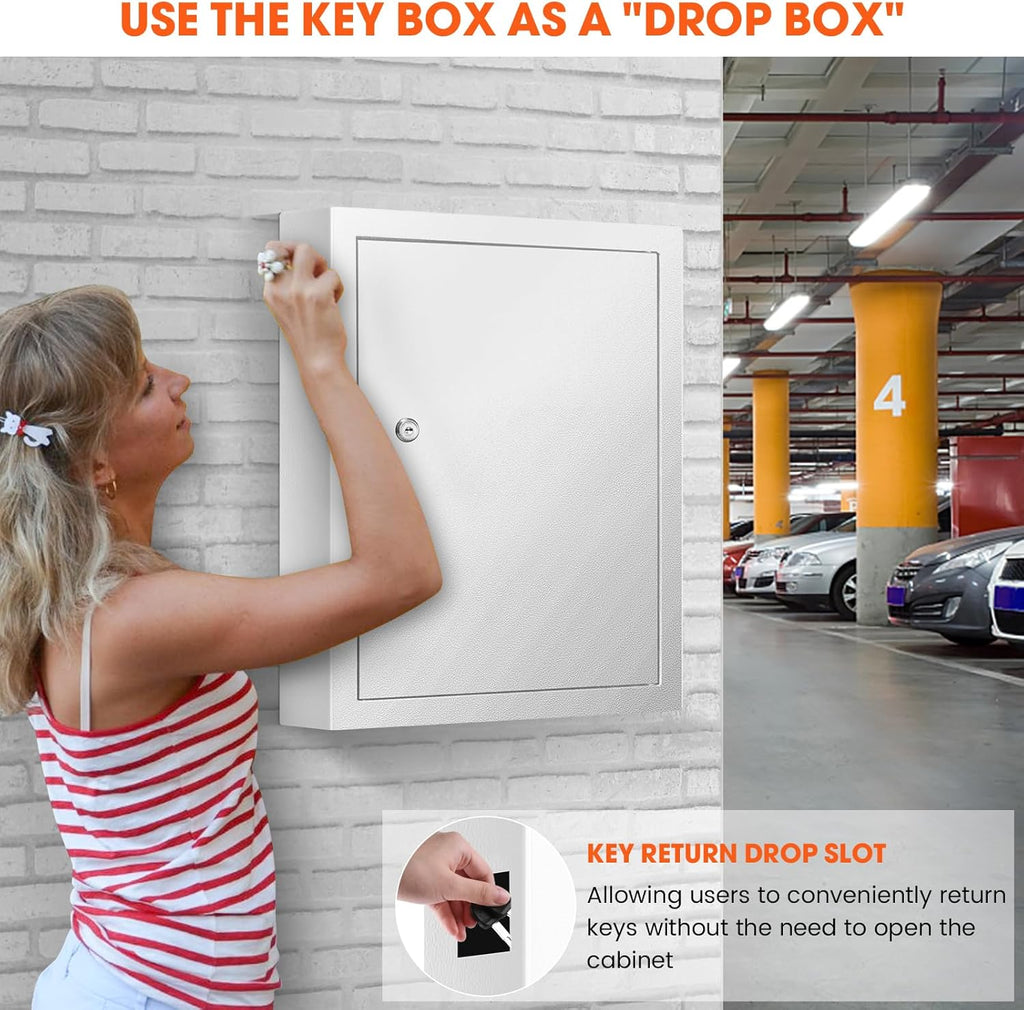 125 Key Lock Box Wall Mount with Anti-Theft Deposit Key Slot, White Key Cabinet with Key Hooks & 125 Tags Key Labels, Key Safe for Hotels & Office & Companies & Car Dealerships
