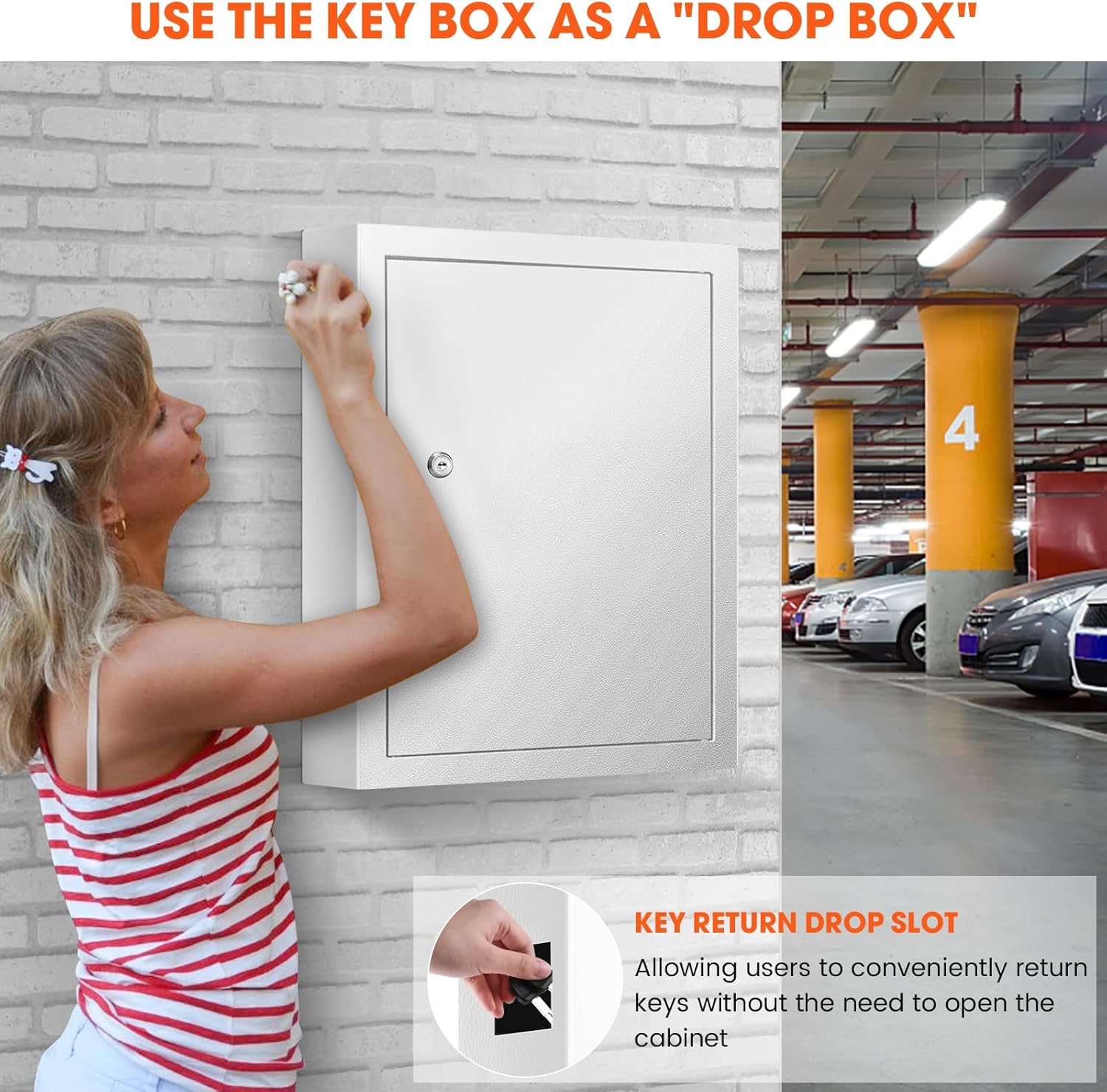 125 Key Lock Box Wall Mount with Anti-Theft Deposit Key Slot, White Key Cabinet with Key Hooks & 125 Tags Key Labels, Key Safe for Hotels & Office & Companies & Car Dealerships