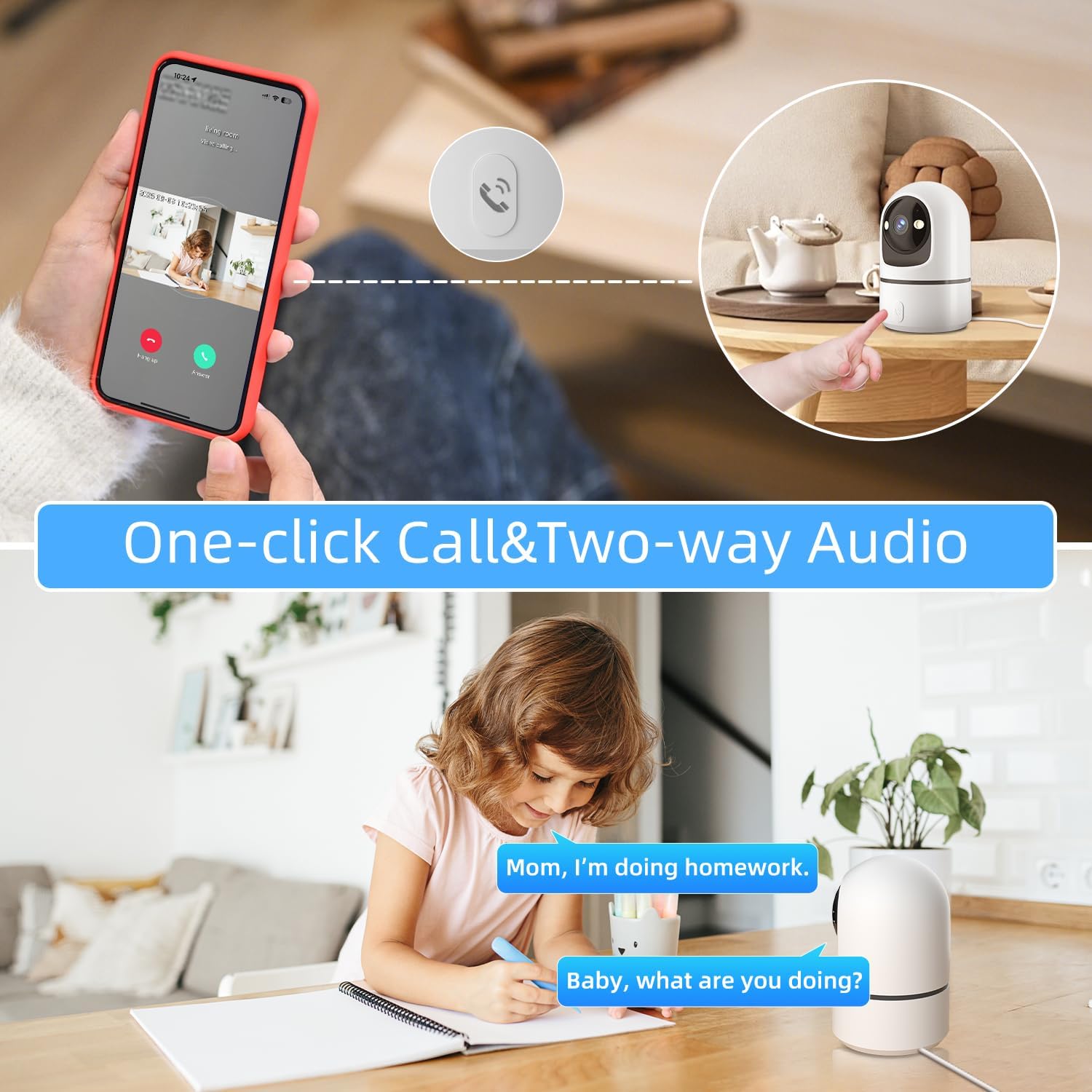 2K Indoor Security Camera, 360° WiFi Cameras for Home Security, Baby/Pet Camera with Phone App, One-Touch Call, Auto Tracking, IR Night Vision, Motion Detection, TF/Cloud Storage, 2.4Ghz WiFi