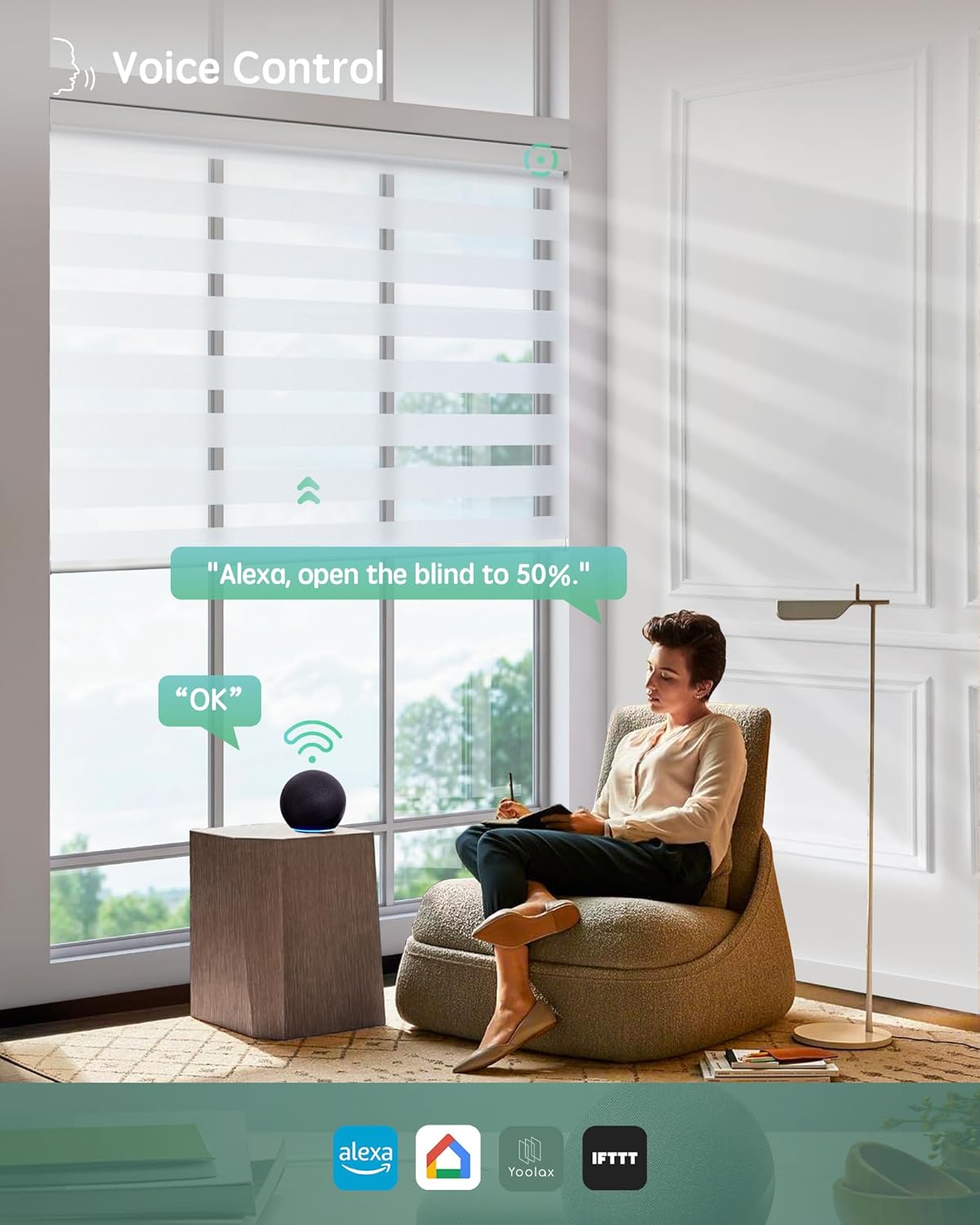Yoolax Motorized Blinds with Remote, Electric Zebra Blinds for Indoor Windows, Room Darkening Smart Shades with Voice Control, Compatible with Alexa Google Home, APP Control, 39" W x 72" H, White