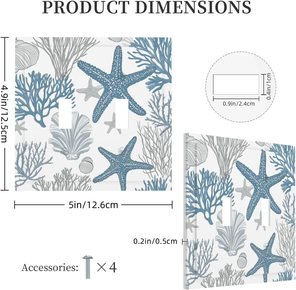 Blue Starfish Nautical Beach Conch Coastal Coral Shell Decorative Switch Plates 2 Gang Double Toggle Outlet Light Switch Cover Wall Plate Electrical Faceplate For Kids Room Bathroom Decor