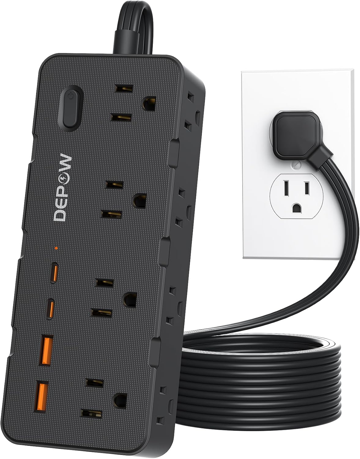 Power Strips with Surge Protection, 5FT Extension Cord with Multiple Outlets-8 AC Outlets 4 USB Ports (2 USB C), Flag Plug, 1700 Joule Surge Protector for Home Office, Black