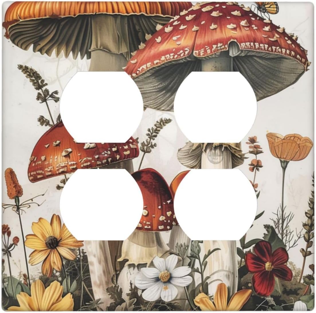 Outlet Covers Mushroom Forest Butterfly Wild Flower 2 Gang Double Duplex Decorative Light Switch Covers Electrical Wallplates Socket Faceplate For Bed Room Living Room Decor