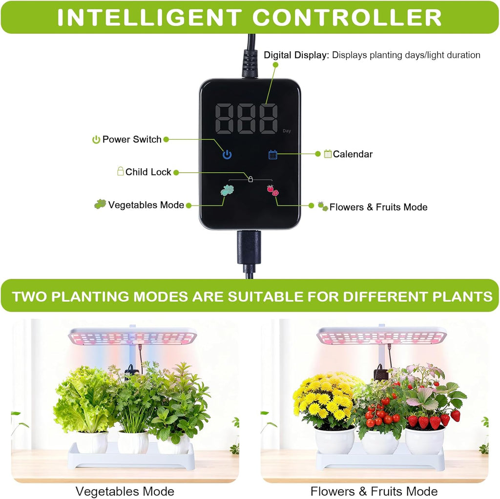 Indoor Garden Led Grow Light, Full Spectrum LED Grow Lamp for Indoor Plants with Intelligent Controller, Height Adjustable, Ideal for Home Desk Plant Lighting (Without Pots)(White, 16.5*6.5*4 inch)