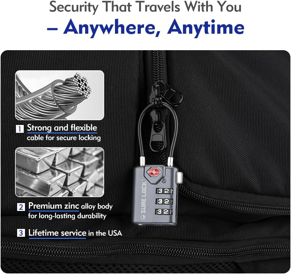 SURE LOCK TSA Compatible Travel Luggage Locks, Inspection Indicator, Easy Read Dials TSA Approved with Zinc Alloy Grey 2 Pack