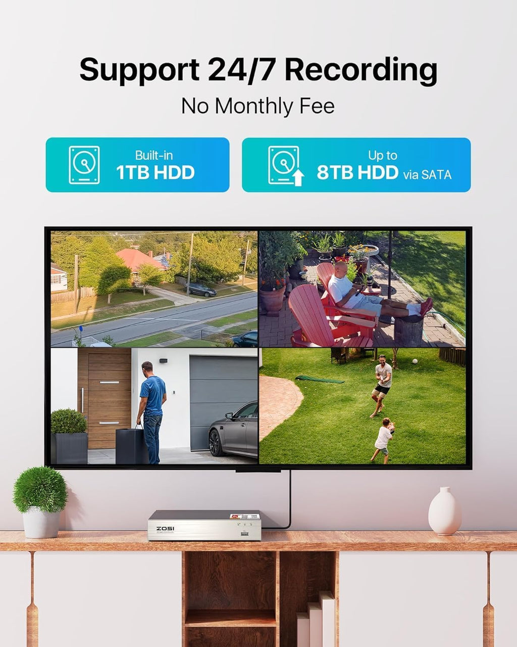 ZOSI 8CH 3K Lite Home Security Camera System Outdoor,AI Human/Vehicle Detection,Night Vision,4pcs 1080P Metal Weatherproof Cameras with 1-Way Audio,H.265+ 8Channel DVR with 1TB HDD for 24/7 Recording