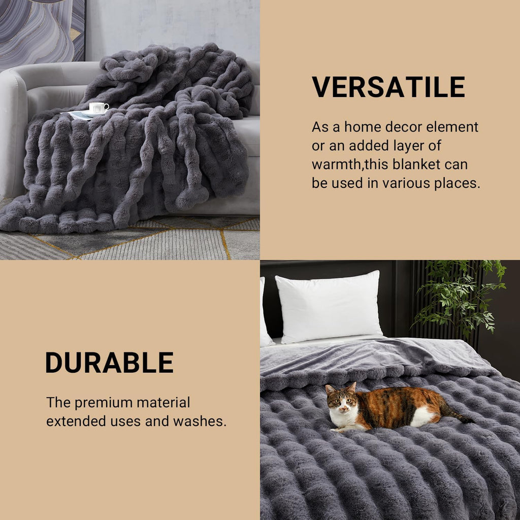 SAPHREAS Faux Fur Throw Blanket for Couch, Fluffy Fuzzy Bubble Blanket for Sofa Bed Living Room, Grey Decor Soft Cozy Gifts for Women Men, 60x80” Gray
