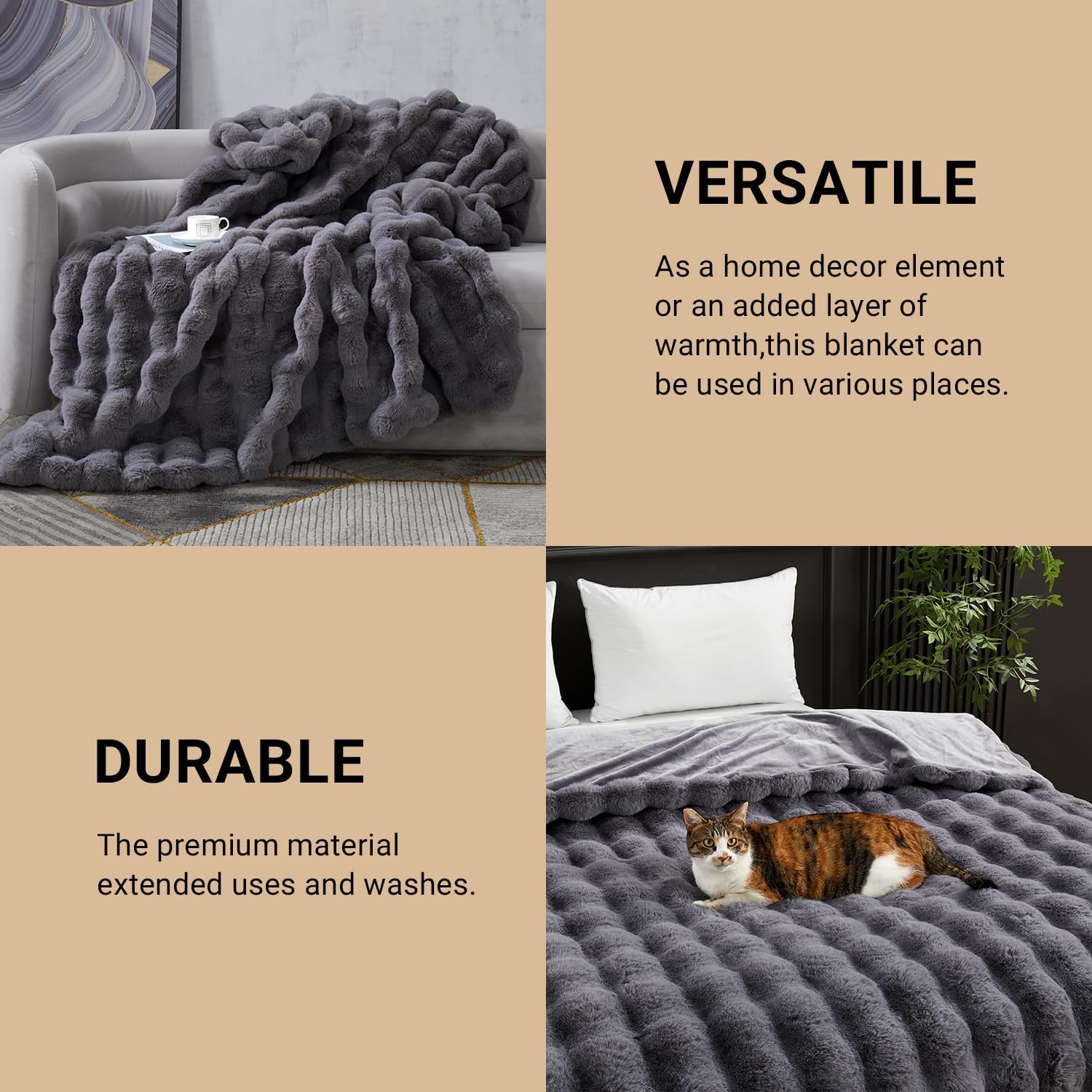 SAPHREAS Faux Fur Throw Blanket for Couch, Fluffy Fuzzy Bubble Blanket for Sofa Bed Living Room, Grey Decor Soft Cozy Gifts for Women Men, 60x80” Gray
