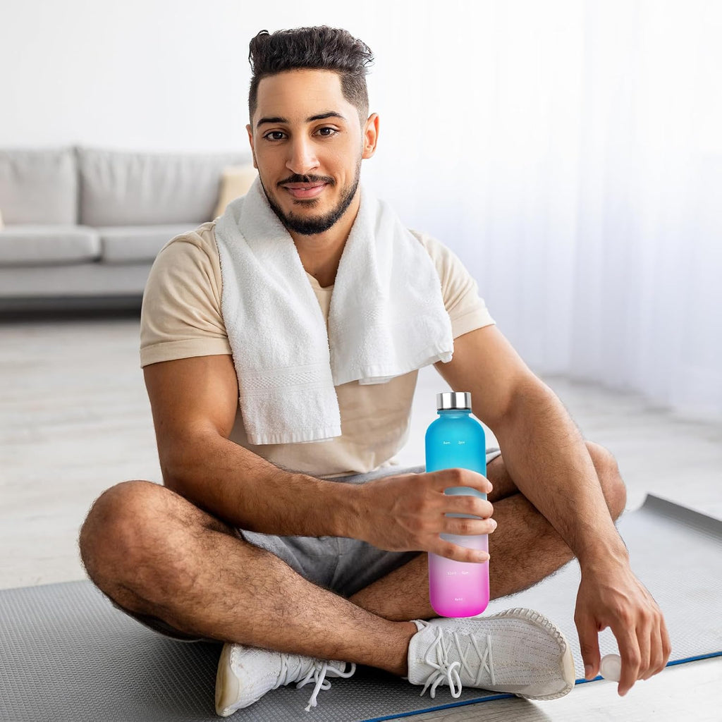 1L（33 oz） daily tracking schedule time hours reminder motivational day goals hydration capacity measured marker tracker plastic wide mouth measurements water bottle