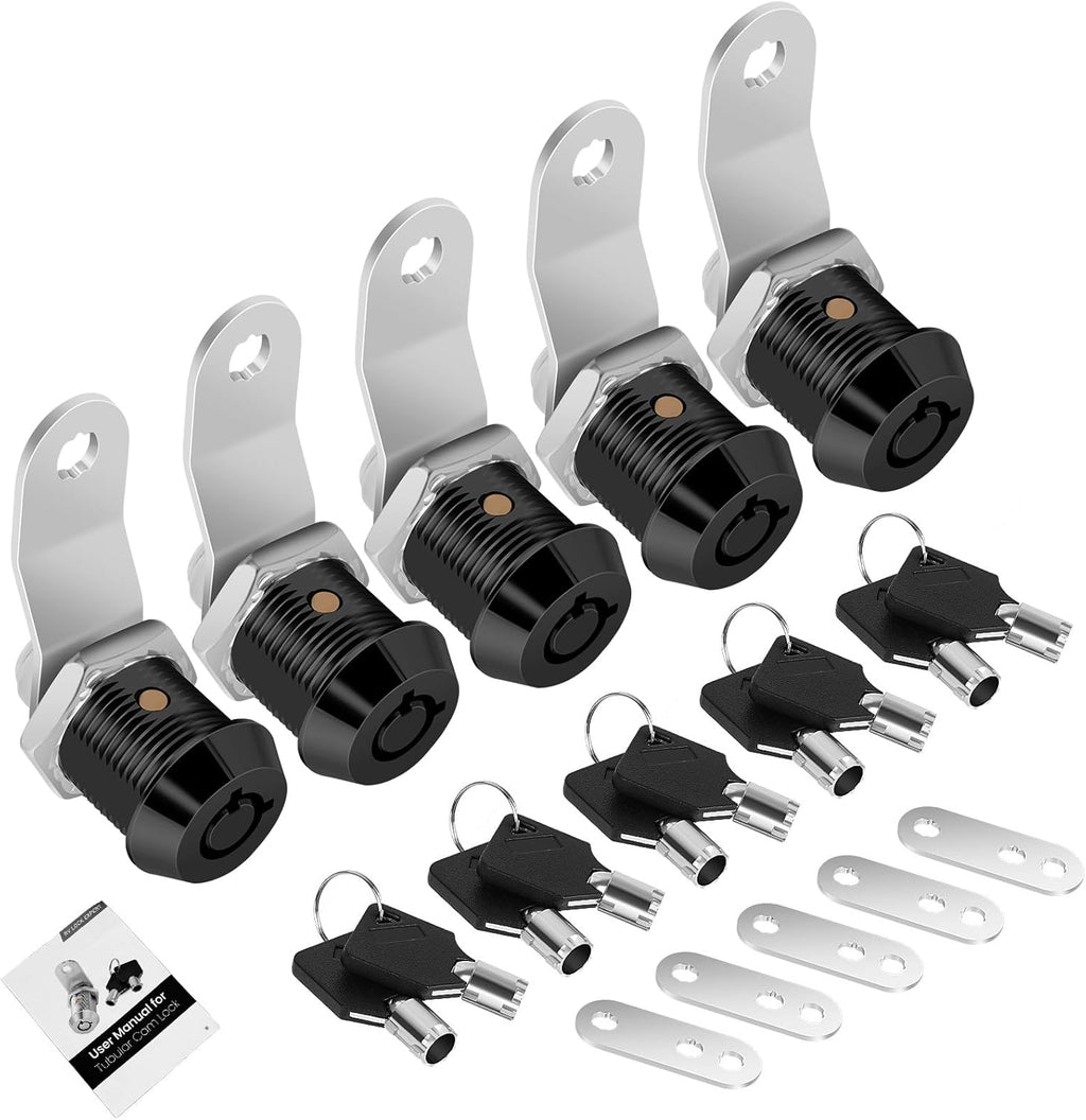 5 Pack Tool Box Lock with Keys, 5/8" RV Storage Lock Keyed Alike, Cabinet Lock Cam Locks for Toolbox Lock Replacement Mailbox RV Compartment Locks with Manual (Black -5 Pack, 5/8 Inch)