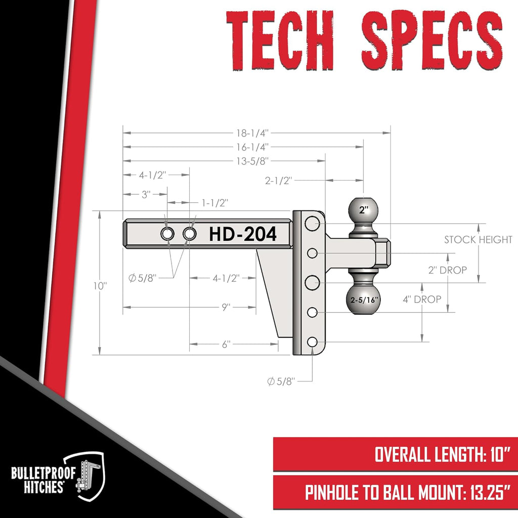 BulletProof Hitches - 2.0" Adjustable Heavy Duty Trailer Hitch (22,000 lb. Rating) - 4" Drop/Rise Trailer Hitch with 2" & 2-5/16" Dual Ball - Powder Coat, Solid Steel, Corrosion-Resistant