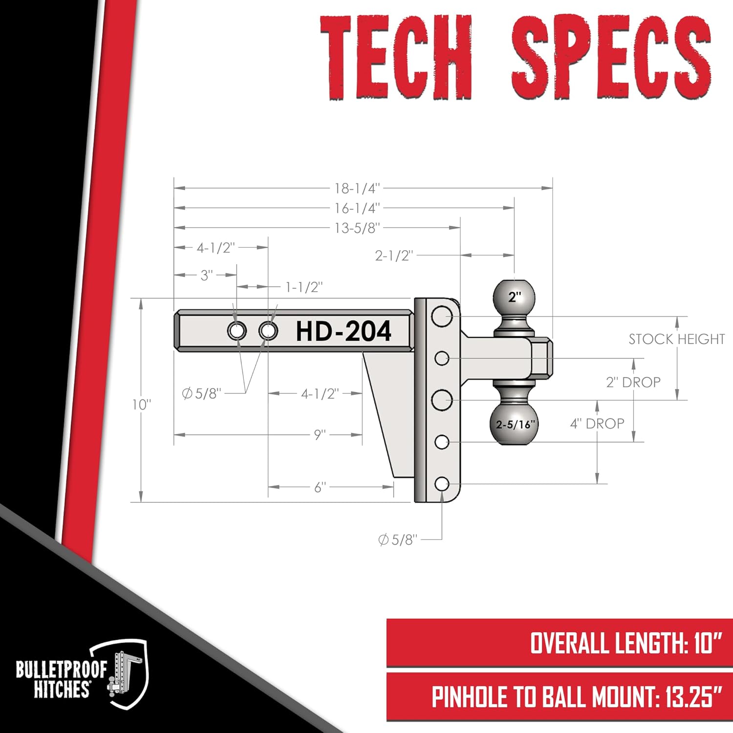 BulletProof Hitches - 2.0" Adjustable Heavy Duty Trailer Hitch (22,000 lb. Rating) - 4" Drop/Rise Trailer Hitch with 2" & 2-5/16" Dual Ball - Powder Coat, Solid Steel, Corrosion-Resistant