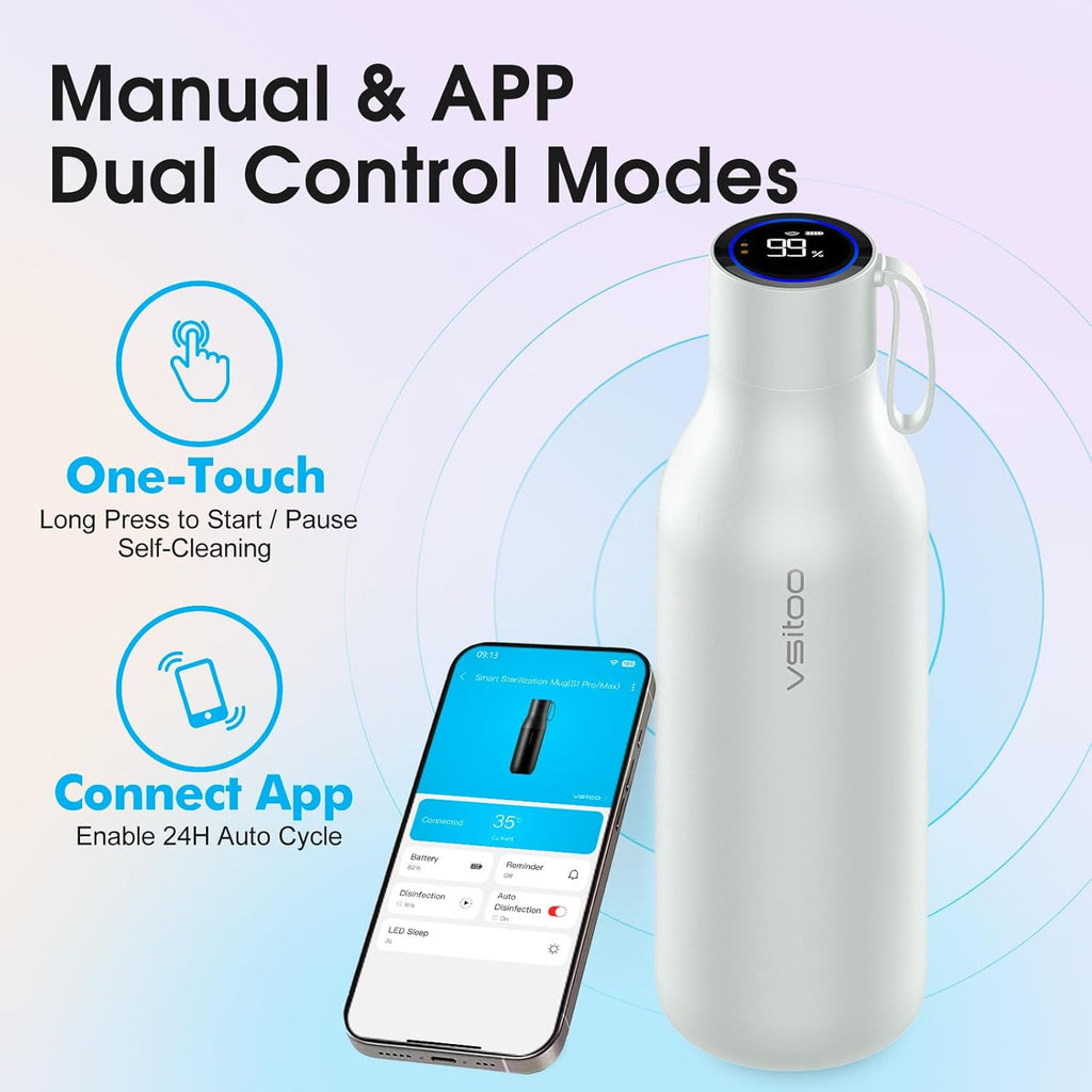 VSITOO 33oz Smart Self Cleaning Water Bottle，Insulated Water Bottle with Stainless Steel, BPA-Free, AI Self-Clean, 30-Day Battery, Magnetic Charging for Travel, Gym or Office, White